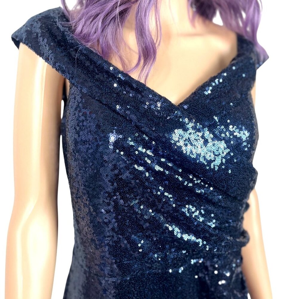 Vintage Marina Navy Blue Sequined Gown Size 12 Off The Shoulder Formal
